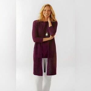 J.jill Medium Long Purple Crocheted Open Front Duster Cardigan